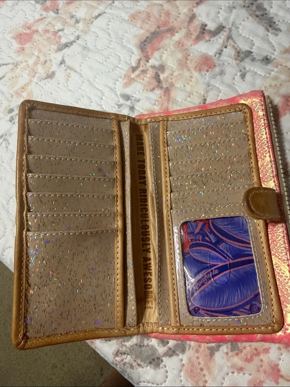 Consuela Pink and Gold Snake-Print Wallet with Tan Trim